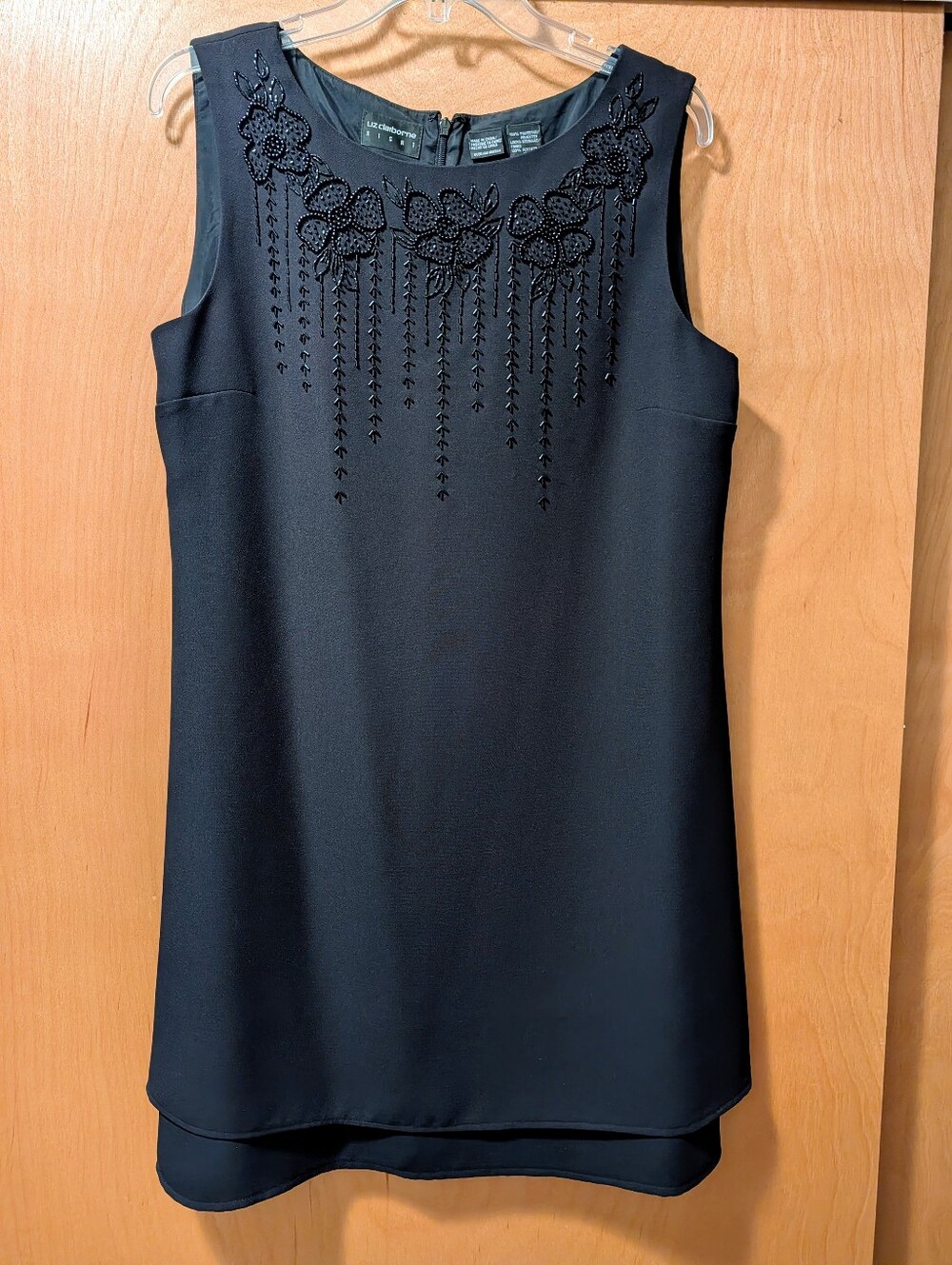 Liz Claiborne Black Beaded Floral Neckline Sleeveless Shift Dress
